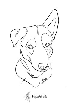 a black and white drawing of a dog's face