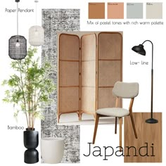 an interior design board with different colors and furniture