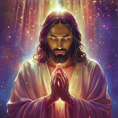 jesus praying with his hands together in front of the light shining down from above him