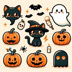 a collection of halloween pumpkins with cats and bats