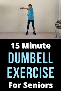 a man holding a tennis racquet on top of a tennis court with the words 15 minute dumbbell exercise for seniors