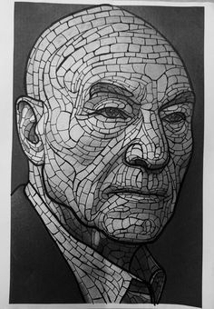 a black and white drawing of a man's face made out of small squares