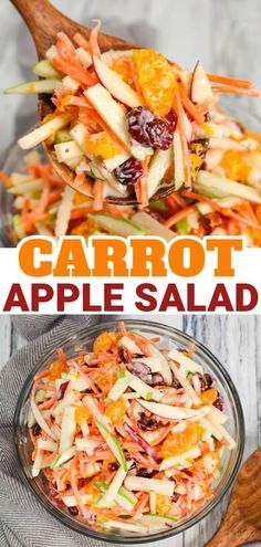 carrot apple salad in a glass bowl with wooden spoon