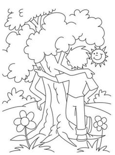 a black and white drawing of two people hugging under a tree with flowers in the background