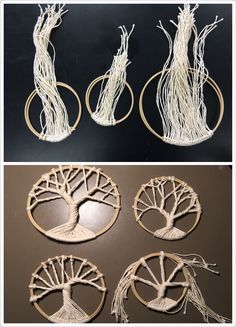 four different pictures of various items made out of string and wood, one with a tree on it