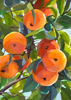 an oil painting of oranges on a tree branch