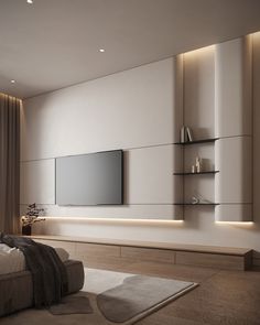 a modern bedroom with white walls and wooden flooring is lit by recessed lighting