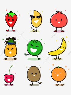 various fruits and vegetables with faces drawn on them