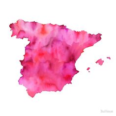 a watercolor map of spain in pink and red