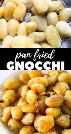 some food is being cooked in a skillet and the words pan fried gnocchi above it