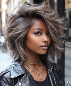 Fashionable Ash Brown Pixie with Layers Fall Hair Colors Dark Skin Brown Ash Brown Pixie, Brown Hair For Brown Skin, Ash Hair Colors, Fall Pixie Hair Color, Short Dark Hair With Highlights, Pixie With Layers, Hair Color For Dark Skin Tone, Brown Pixie, Gray Hair Color Ideas