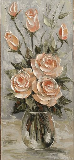 a painting of pink roses in a glass vase