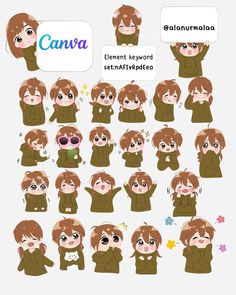 the character sheet for an animated game called canva, which features many different facial expressions