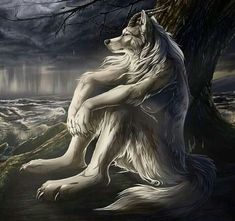 an image of a white wolf sitting on the ground in front of a dark forest