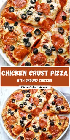 chicken crust pizza with ground chicken, olives and pepperoni on a white plate