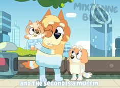 an animated cat and two small dogs are standing in front of a cityscape