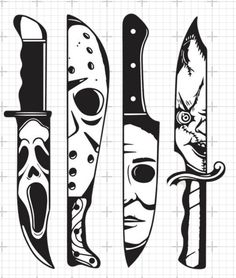 four different types of knives with faces on them