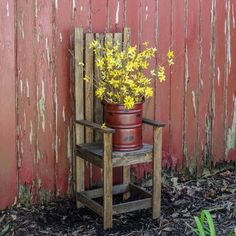 a potted plant sitting on top of a wooden chair next to a red wall