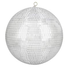 a white disco ball ornament hanging from a string