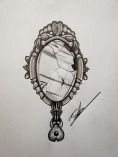 a pencil drawing of a mirror with a bird on it's side and an ornate frame