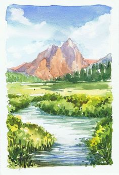 a watercolor painting of a river and mountains