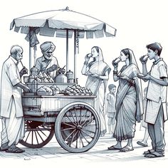 a drawing of some people standing around a cart with food on it and an umbrella