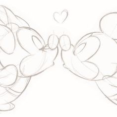 a drawing of mickey and minnie mouses kissing each other with hearts in the background