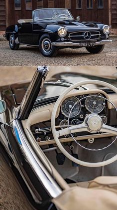 the interior and dashboard of an old fashioned car, both showing the steering wheel and dash board