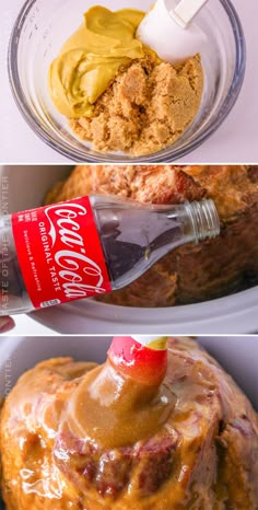 three different pictures showing how to make an apple cake with caramel icing and whipped cream