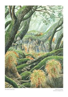 a painting of people in the woods surrounded by plants and trees with moss growing on them