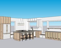 a drawing of a kitchen with an island and sink