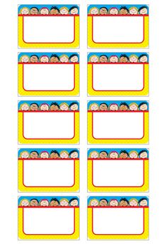 printable name tags for kids with faces on yellow and red border, set of 10