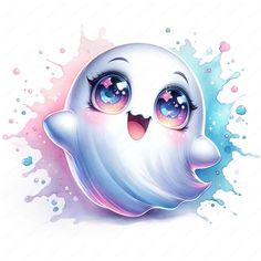 a cartoon ghost with big eyes and pink cheeks