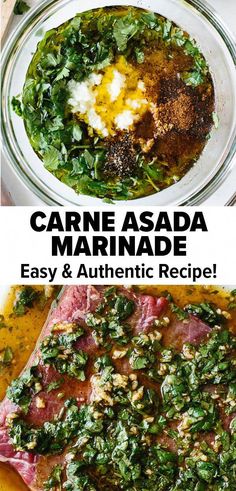 two pictures with different types of food in them and the words carne asada marinade