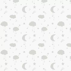 a wallpaper with stars, clouds and crescents in grey on a white background