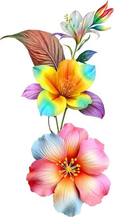 three colorful flowers on a white background