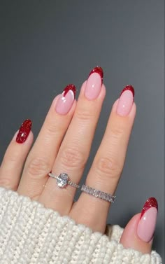 Red Sparkle Tip Nails, Red Sparkle French Tip Nails Almond, Chismas Ideas Nails, Sparkly Red French Tip Nails Almond, Sparkly Red Tip Nails, Red French Glitter Nails, Red Sparkly French Tip Nails, Sparkly Red French Tip Nails, Red Glitter Tips