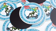 several stickers with cartoon characters on them in blue and white colors, all depicting the company's logo