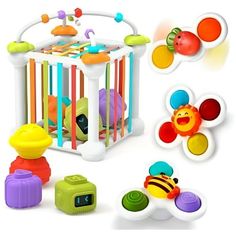 an assortment of toys including a baby's crib