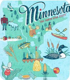 the minnesota state map is shown in this hand drawn illustration, with many different things on it