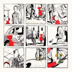 a comic strip with red and black ink on white paper, depicting people talking to each other