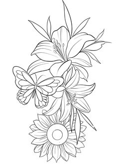 a bouquet of flowers with butterflies on it coloring page for adults and children to color