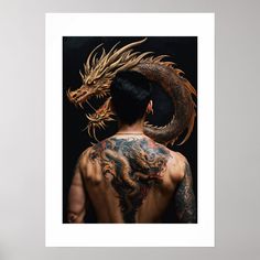 the back of a man with tattoos and a dragon tattoo on his body is shown