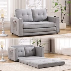 two pictures of a couch and ottoman in a living room, one is grey the other is light gray