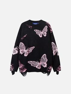 Top Streetwear Brand AelfricEden, Street fashion clothes shopping online, free shipping worldwide! Casual Jacquard Knit Tops For Streetwear, 90s Y2k Fashion, Top Streetwear Brands, Distressed Sweater, Aelfric Eden, Y2k Butterfly, Distressed Sweaters, Trendy Summer Outfits, Top Streetwear