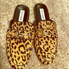 Suede Leopard Print Loafers With Gold Buckle Detail. Never Worn Spring Slip-on Loafers With Buckle Closure, Spring Buckle Closure Slip-on Loafers, Leopard Print Loafers, Suede Loafers, Suede Shoes, Steve Madden Shoes, Gold Black, Flat Shoes Women, Loafer Flats