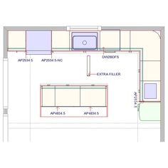 the floor plan for a kitchen with an extra sink and countertop space in it