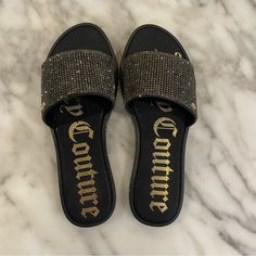 Never Worn, “Yippy” Style Black And Gold Bling Slides Juicy Couture Slides, Bling Slides, Big Steppa, Cute Shoes Boots, 2010s Aesthetic, Tori Burch, Shoes Inspiration, Cute Slides, Juicy Couture Shoes