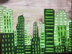 a painting of green cityscape with white dots