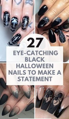 Bold Halloween Nails, Black Halloween Gel Nails, Halloween Nails Powder Dip, Cute Black Halloween Nails, Black Nails Halloween Art Designs, Black Nail Halloween Designs, Halloween Black And White Nails, Black And White Halloween Nail Designs, Classy Spooky Nails